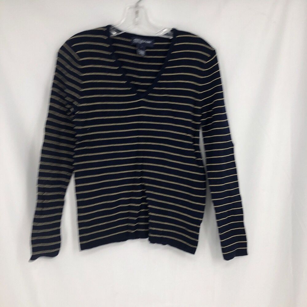 Jones New York Signature V Neck Striped Long Sleeve Ribbed Tee Large